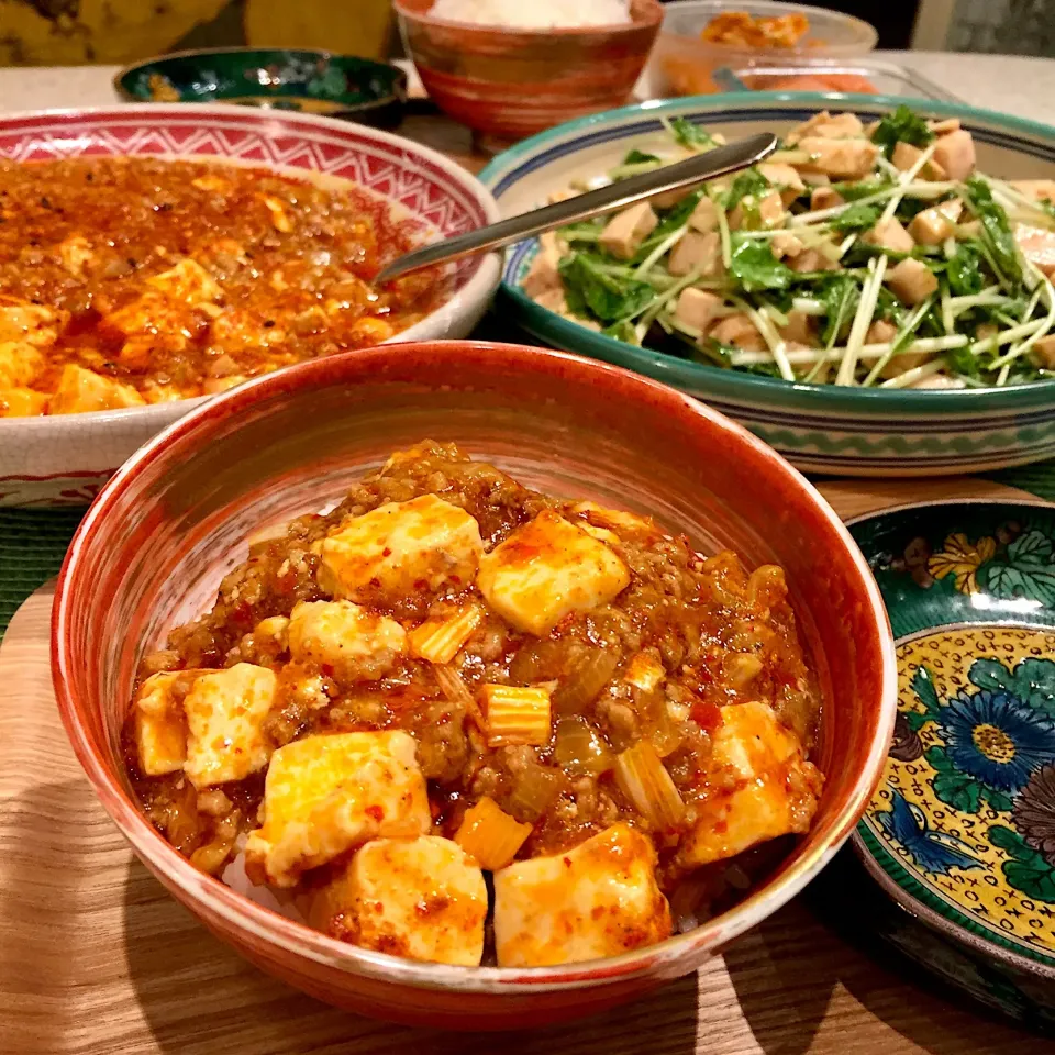 玉ねぎ&長葱たっぷり麻婆豆腐🍚
水菜と蒸し鶏の焦がし葱ドレッシングサラダ🥗|Mayumiさん