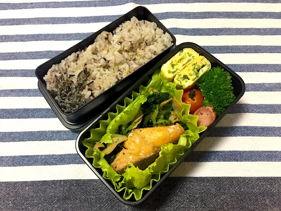 Snapdishの料理写真:鮭塩焼き、ほうれん草とハムの炒め物、豆苗入り卵焼き、ウィンナー|jackybeanさん