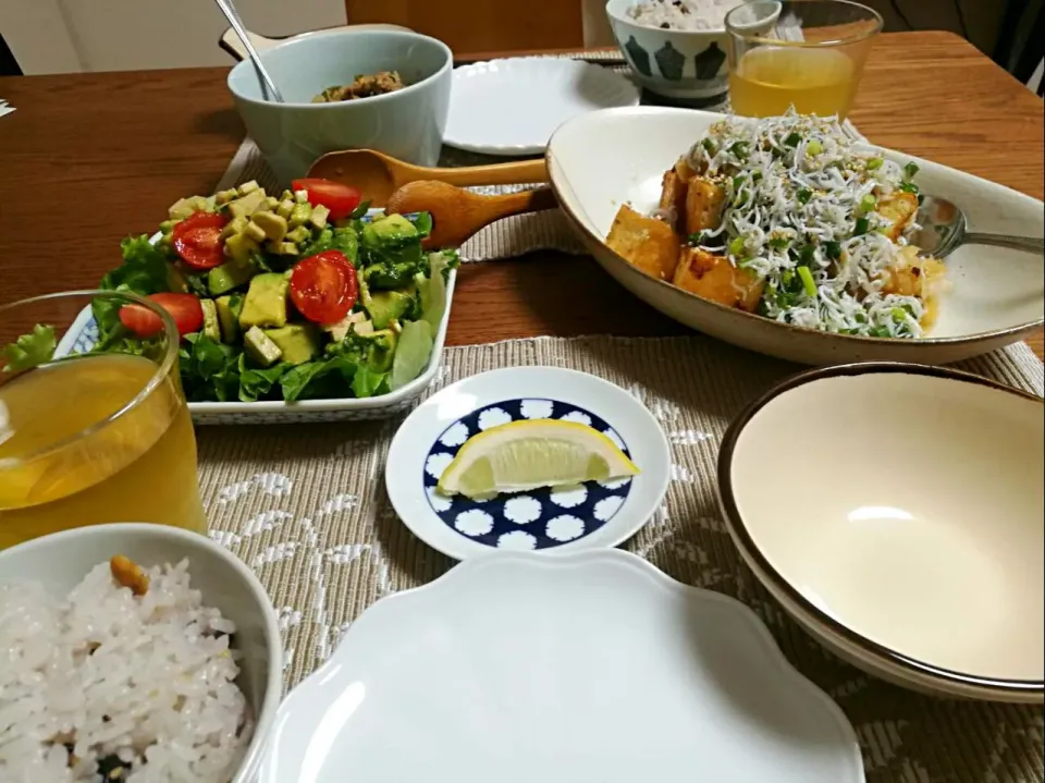 今日の夜ご飯 #厚揚げみぞれ煮 #アボカドサラダチキン#わさび醤油|こあささん