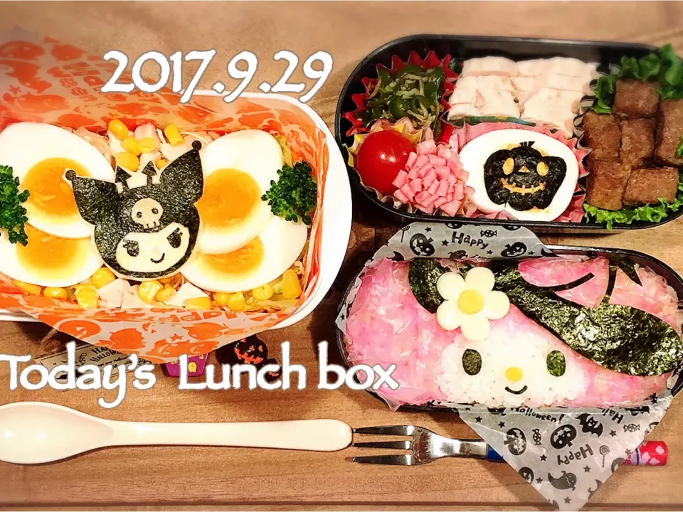 本日のOL弁とJK弁🍱😋
デビルのクロミちゃんのサラダ弁当と、ハットをかぶったマイメロちゃん弁当🎃👻|あさちゃん☆さん