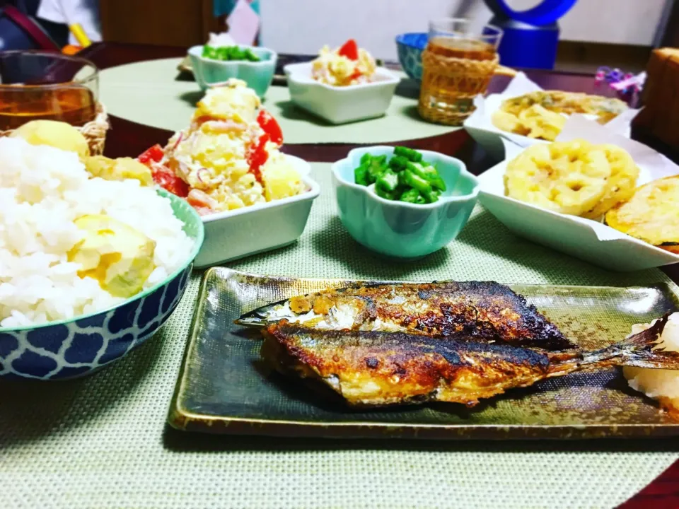 #秋刀魚 #栗ご飯 #晩ごはん #洋風 #ポテトサラダ #天ぷら|tonchanさん