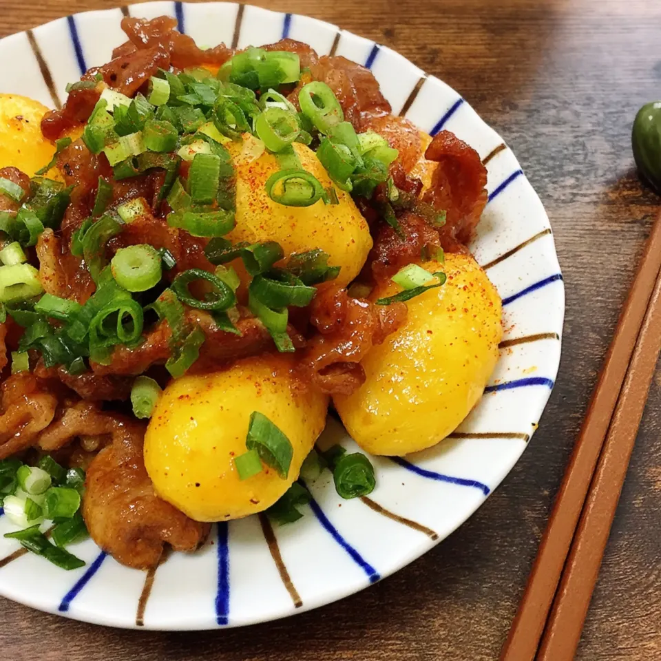 Snapdishの料理写真:豚コマとじゃが芋のピリ辛味噌炒め|はるなさん