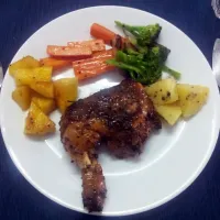 Grilled Chicken with potato salad, sauteed brocolli, carrots and diced pineapple with caramelized onion. #latelunch|cookbyblurbさん