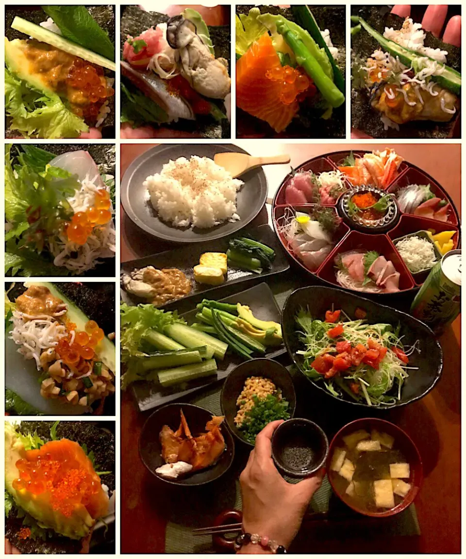 Snapdishの料理写真:Today's Dinner🍴Hand-rolled sushi🍣前菜･鮭の塩焼き･手巻き寿司･お揚げともずくのお味噌汁🎵|🌈Ami🍻さん