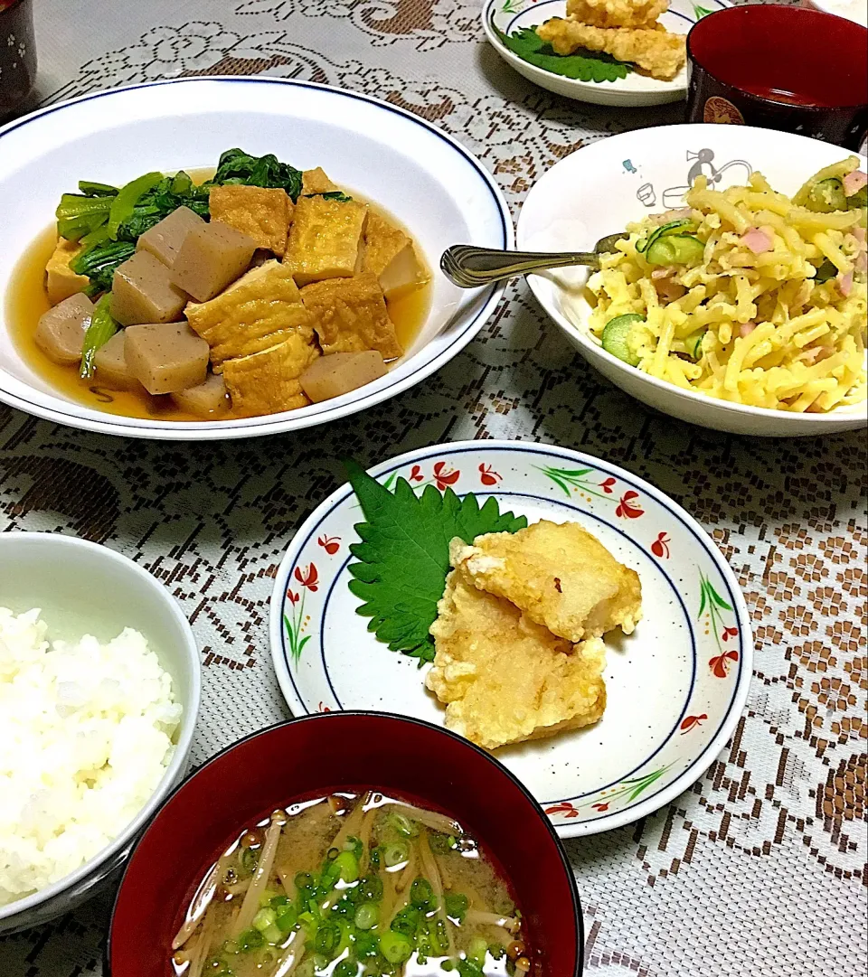 ・白身魚のフリッター
・厚揚げ、蒟蒻、小松菜の煮物
・マカロニポテサラ|ヨシヨシさん