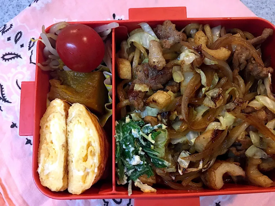 ♫今日のお弁当♫〜焼きそば、かぼちゃの煮物、だし巻き卵、もやしナムル、トマト〜|Satokoさん