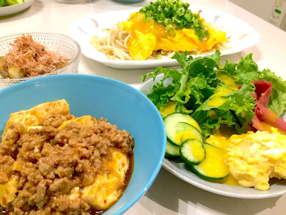 麻婆豆腐、サラダ、焼きなす、もやし炒めに卵と中華あんをかけて|NOBUちえさん