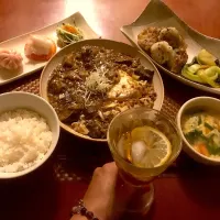 Snapdishの料理写真:Today's Chinese Dinner🍴前菜･鱼香茄子･蘿蔔糕･炒青菜･蕃茄蛋花湯