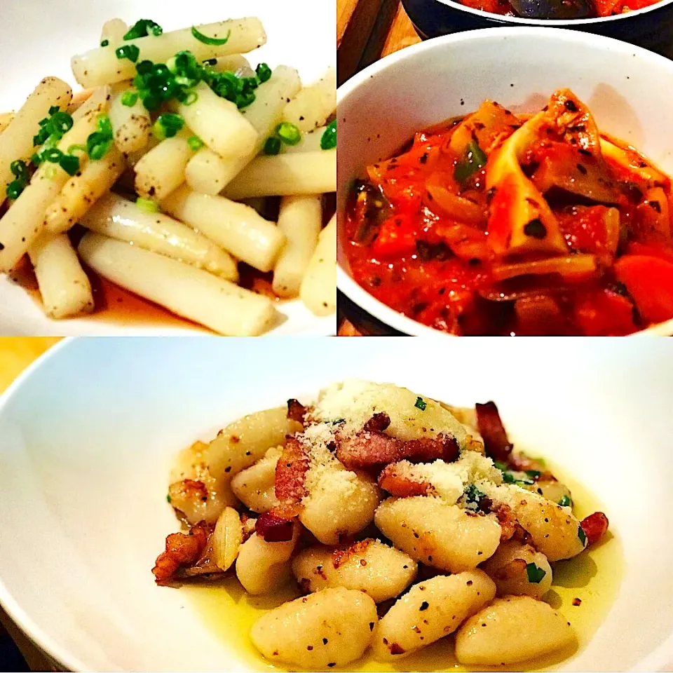 Gnocchi Cooked in Olive Oil,Smoked Bacon Fresh Garlic, Onions #chefemanuel  with Spicy Eringi Mushrooms Ratatouille, White Asparagus Salad with Black Pepper & B|Emanuel Hayashiさん