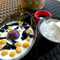 Snapdishの料理写真:Sweet potato with pumpkin ball and grass jelly in sweeten milk|PhUnGさん