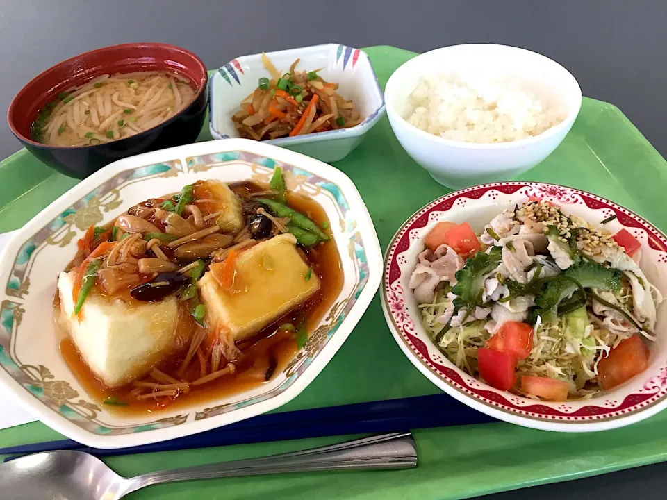 豆腐の野菜あんかけ（西湖豆腐）、ジャガイモとごぼうのきんぴら、豚肉とゴーヤの沖縄風サラダ|Tadahiko Watanabeさん