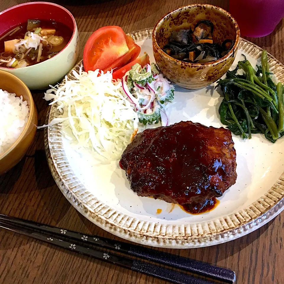 晩ご飯#ハンバーグ#ひじきの煮物#ゴーヤサラダ#空芯菜炒め|natsu727さん