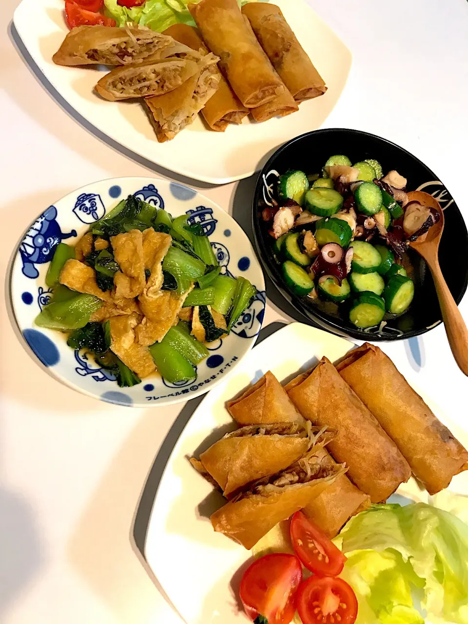 Snapdishの料理写真:春巻き タコときゅうり和え物 チンゲン菜と油揚げのおひたし|Yukie Sakuraiさん