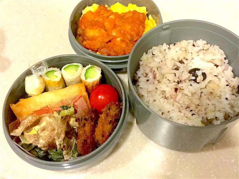 旦那弁当🍱
十六穀米
海老チリと卵(ご飯にかける)
豚肉と小松菜のマヨ炒め
春巻き(冷食)
ホタテフライ(冷食)
竹輪きゅうり
ミニトマト
チーズ|すがかえさん