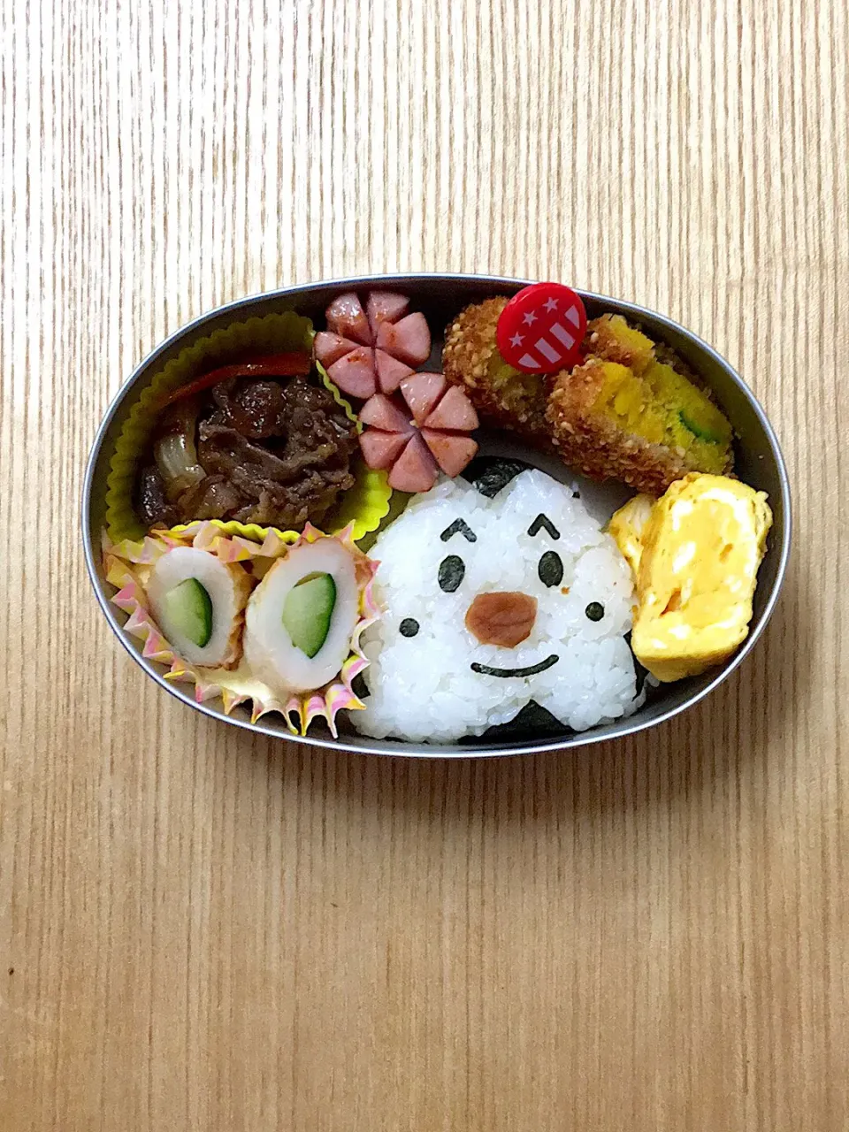 Snapdishの料理写真:#ムスメ弁当 

チャプチェ、ソーセージ、かぼちゃコロッケ、卵焼き、ちくわきゅうり、おにぎり。|mossan＠OSAKAさん