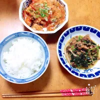 Snapdishの料理写真:・鶏肉のトマト煮 ・小松菜とサバ缶炒め|あーさんさん