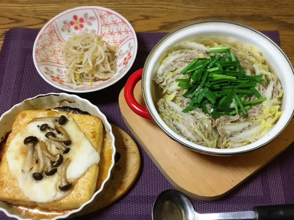 もやしのナムル・豚と白菜のミルフィーユ鍋・豆腐ステーキ|美也子さん