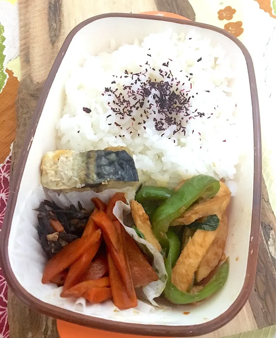 昼ごはん☀️✨
お弁当🍱
鶏とピーマンのピリ辛炒め
焼き塩鯖
人参🥕ソースきんぴら
ツナとひじきの煮物
白飯 ゆかり|ぽんたさん