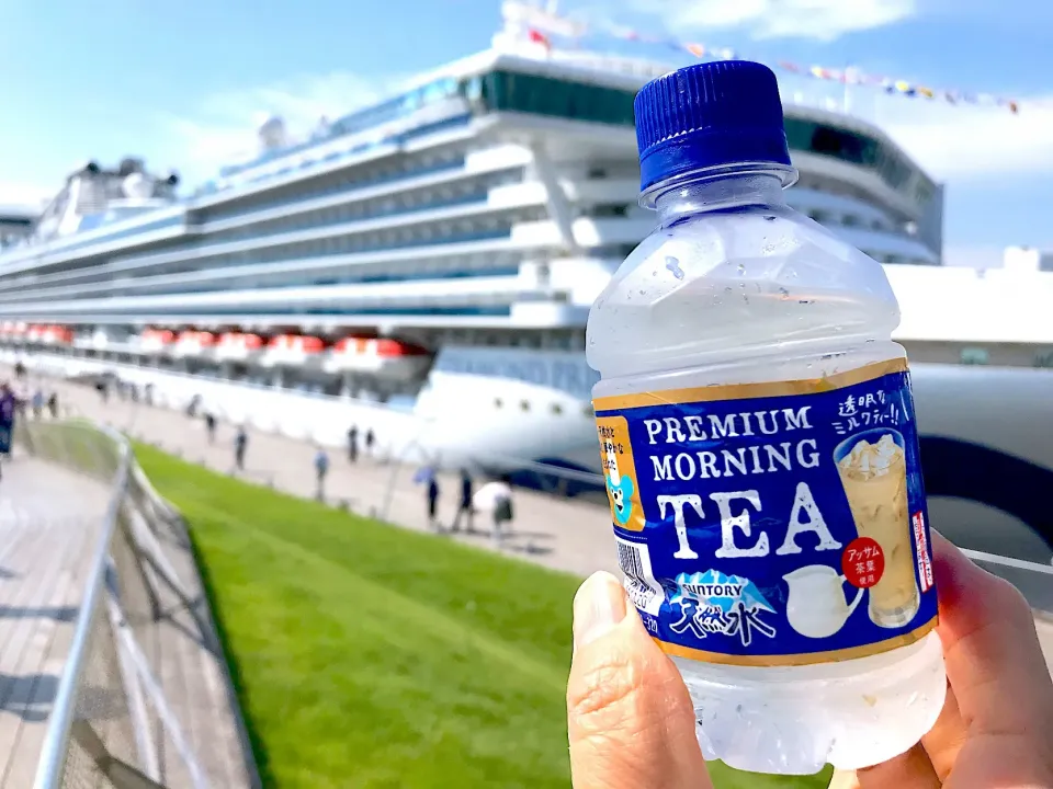 横浜大桟橋に着岸のダイアモンドプリンセス🛳をバック PREMIUM  MORNING  TEA suntory 天然水|シュトママさん