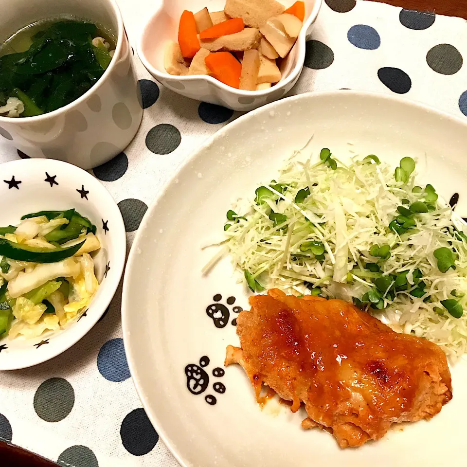 タンドリーチキン♡高野豆腐の煮物♡白菜の浅漬け♡豚肉のコンソメスープ♡|まゆかさん