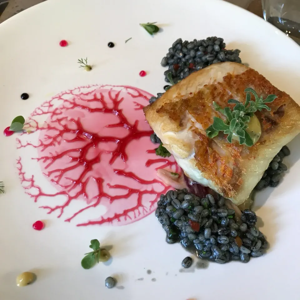 Red snapper fish with charcoal barley  and roselle hibiscus jam|sgさん