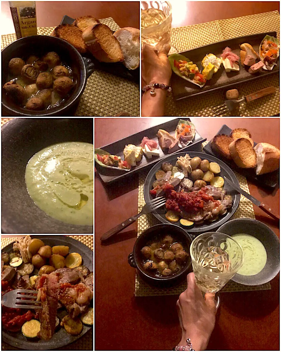 Today's Spanish Dinner🍴ﾀﾊﾟｽ･きゅうりの冷製ｽｰﾌﾟ･ﾏｯｼｭﾙｰﾑのｱﾋｰｼﾞｮ･厚切りﾋﾞｰﾌｽﾃｰｷ･ﾊﾞｹﾞｯﾄ|🌈Ami🍻さん