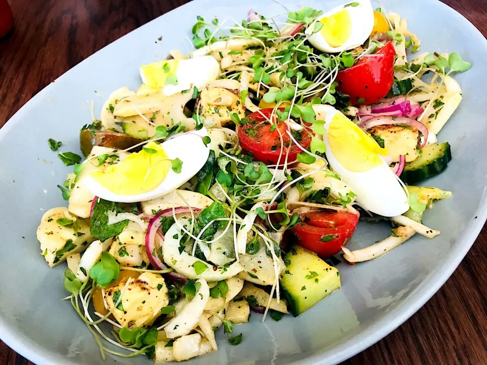 Vegetarian Salad - Heirloom tomatoes, middle eastern spiced halloumi, fennel, cucumber, red onion, egg, mint & pomegranate dressing|Sergio Lacuevaさん