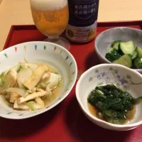 Snapdishの料理写真:東京野菜のおつまみ、白菜エノキ油揚げのさっと煮など|nakさん