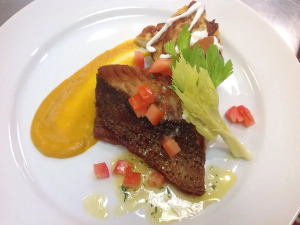 Pan Seared Striped Bass / Lemon Vinaigrette,Spaghetti Squash Parmesan Fritters with Yogurt Sauce ,Kabocha Squash Coules ‼️|Chihiro Kさん