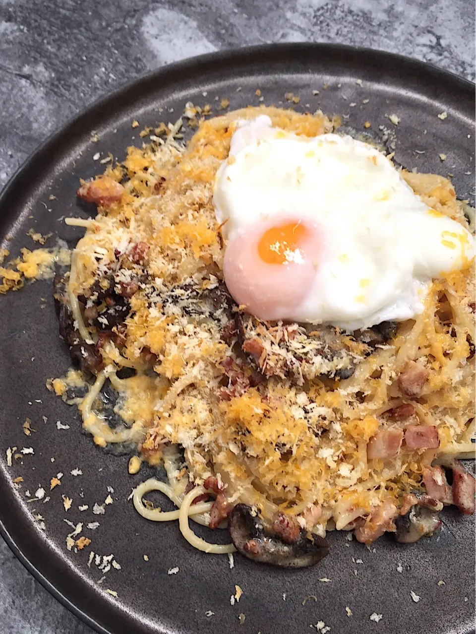 Bacon and mushroom carbonara, poached egg|12Dragonさん