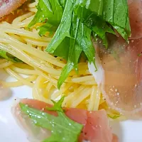 Snapdishの料理写真:生ハムと水菜の冷製パスタ|まこちよさん