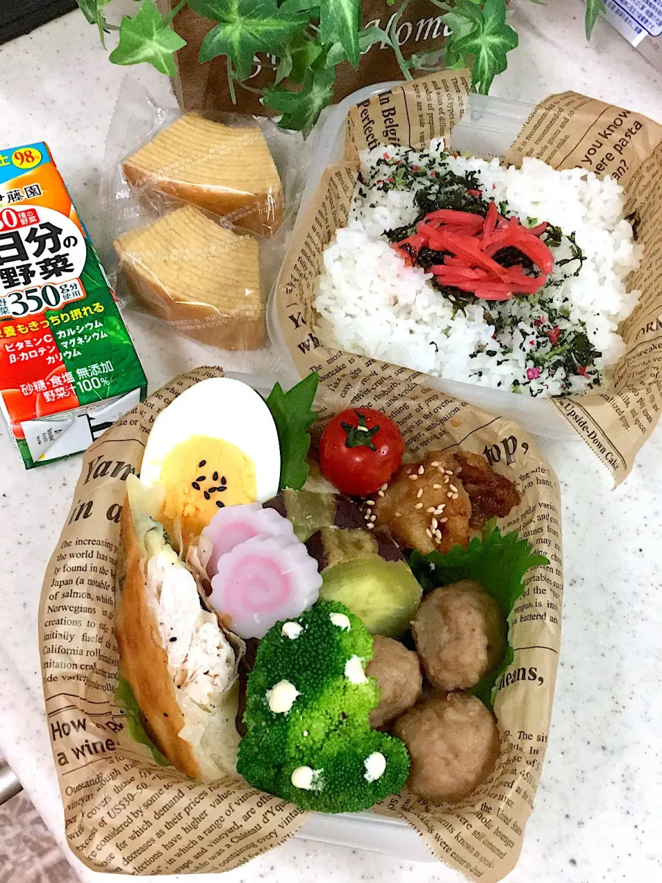 高校男子弁当
＊唐揚げ
＊肉団子
＊ささみチーズの春巻き
＊ゆで卵
＊塩ゆでブロッコリー|emisanさん