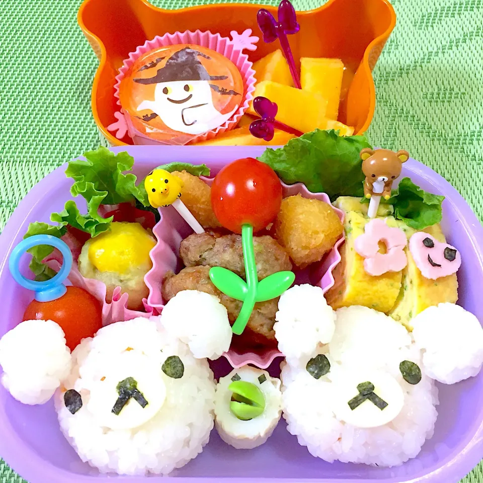 Snapdishの料理写真:娘のリクエストのリラックマおにぎり弁当 今日はハンバーグとエビフライ #リラックマ|Ikuさん