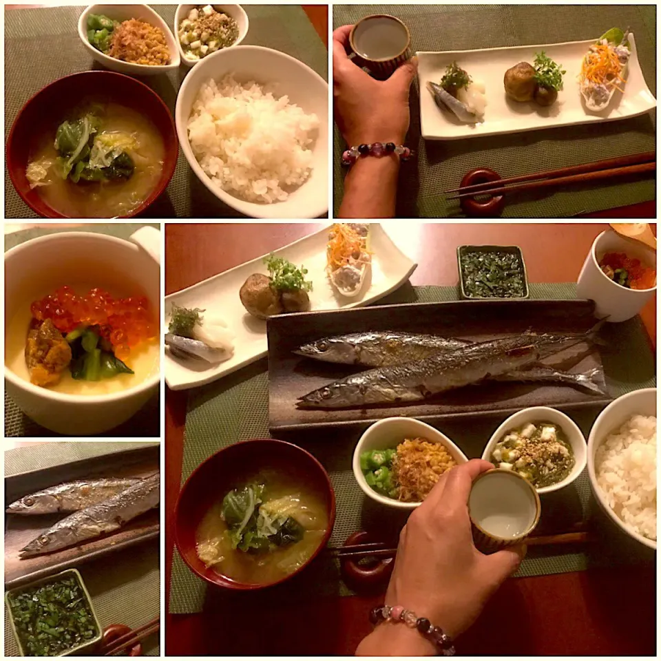 Today's Dinner🍴前菜･海鮮茶碗蒸し･秋刀魚の塩焼き･ｵｸﾗ長芋めかぶ納豆･白飯･白菜と小松菜のお味噌汁|🌈Ami🍻さん