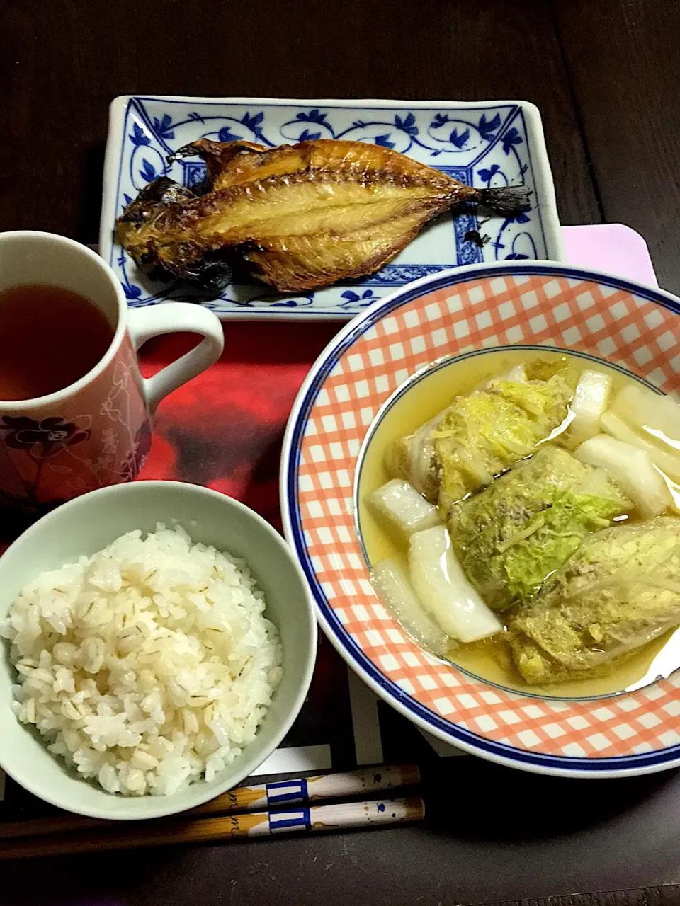 ロール白菜、アジの開き🐟、麦入ご飯(*^｡^*)|ライムさん