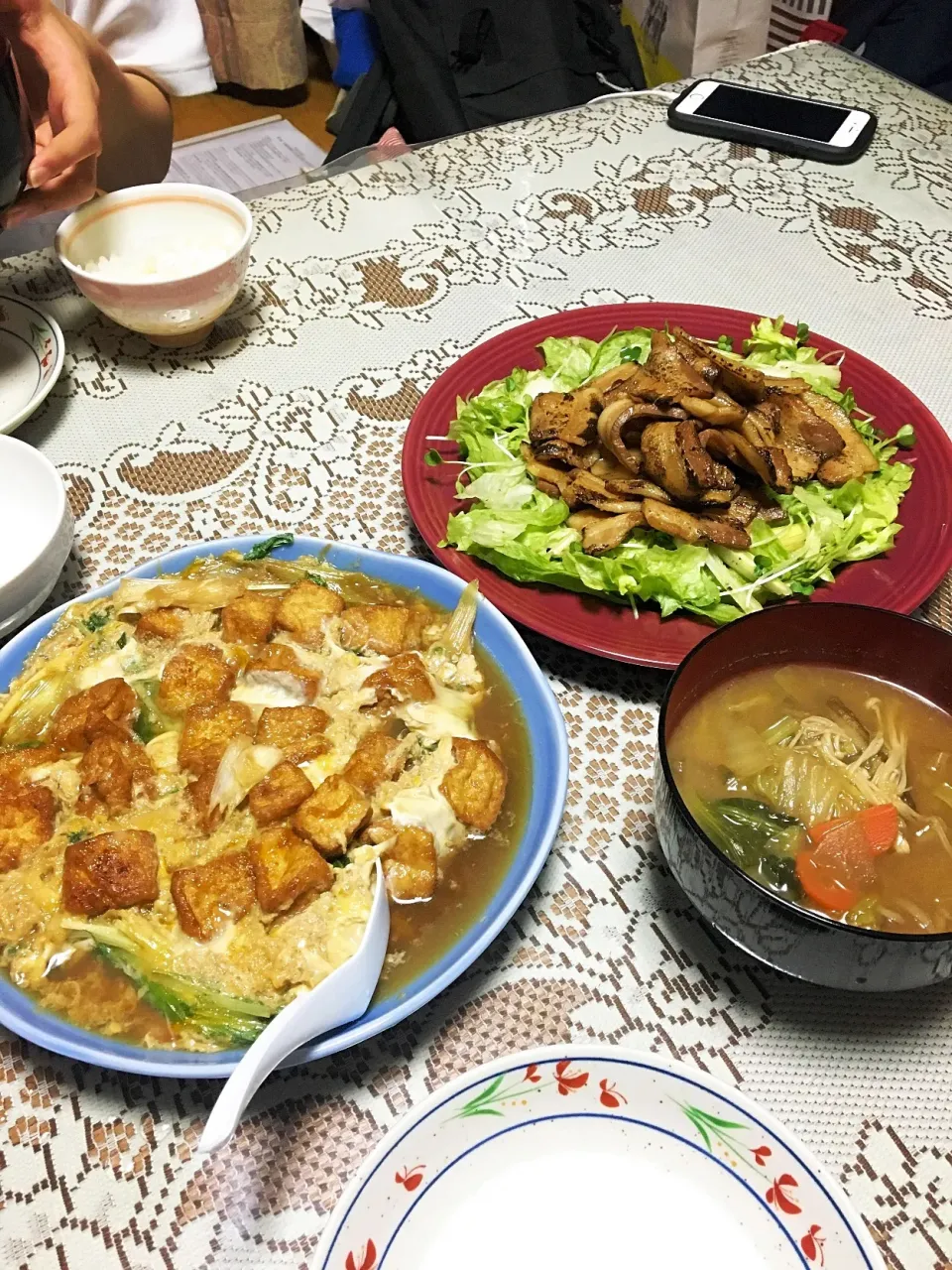 昨夜の夕食
   厚揚げの卵とじ・焼肉・豚無し豚汁|ヨシヨシさん