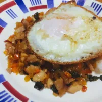 Rice with fried chicken and basil, topped with a fried egg.
#egg #chicken #basil #pepper #onion #rice #oystersauce #nampla|Meeさん