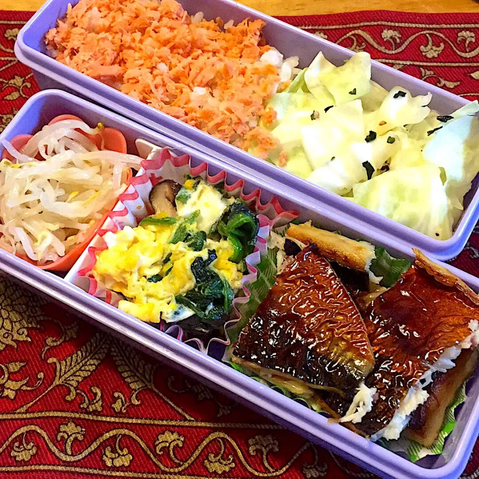 塩鯖とほうれん草の玉子とじともやしのナムルと鮭のほぐし身ご飯弁当|もえさん