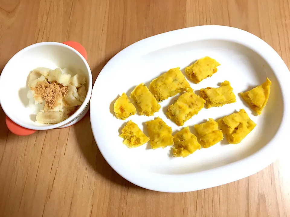 南瓜とキャベツの蒸しパン
バナナヨーグルト
追加🍙みかん、ミルクパン|ほなさん