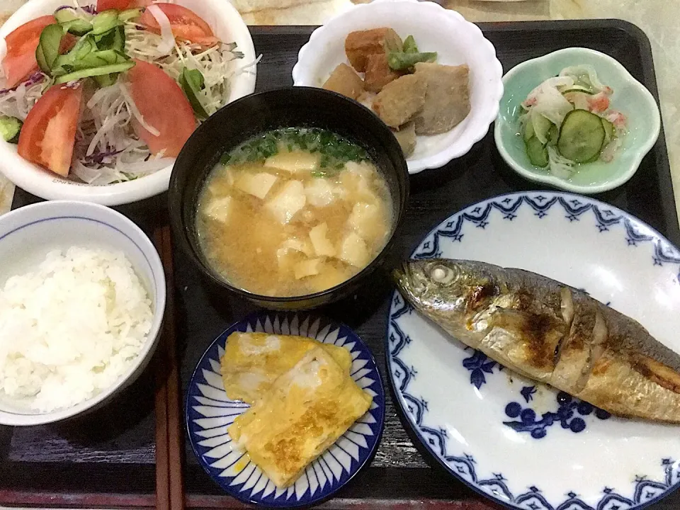 Snapdishの料理写真:本日の昼食です。鯵の塩焼き、胡瓜ねと蟹の酢の物、里芋と牛蒡天の煮っころがし、卵焼き、サラダ、味噌汁、御飯少々です。|詳智　片山さん