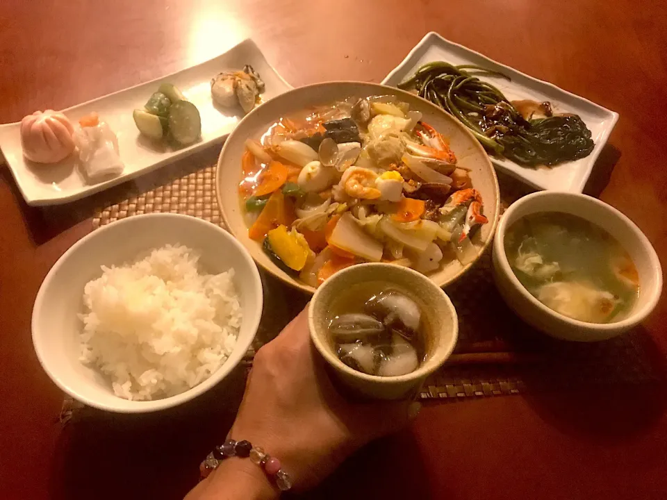 Today's Chinese Dinner🍴飲茶･炒甕菜･海鮮什錦･韭菜鸡蛋汤|🌈Ami🍻さん