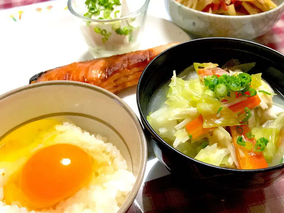 朝ごはんのような
夜ご飯〜😅
＊あご出汁で作った
野菜たっぷりスープ
＊塩鮭
＊冷奴
＊TKG|Loveミニーさん