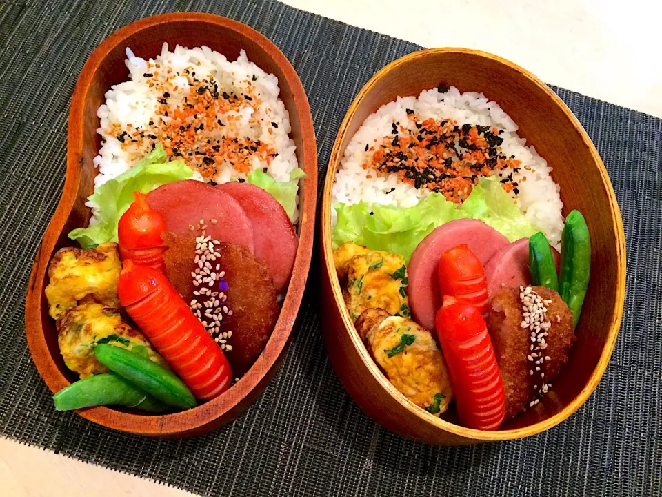 今日の男子弁当2017/10/20 
おはようございます😃 台風が💨近ずいてくて今日も朝から雨です☔️ ジョグ出来なくてウズウズしてます💦

#甘いタマゴ焼  #赤ウィンナー  #ハム焼き #コロッケ #スナップエンドウ|Booパパさん