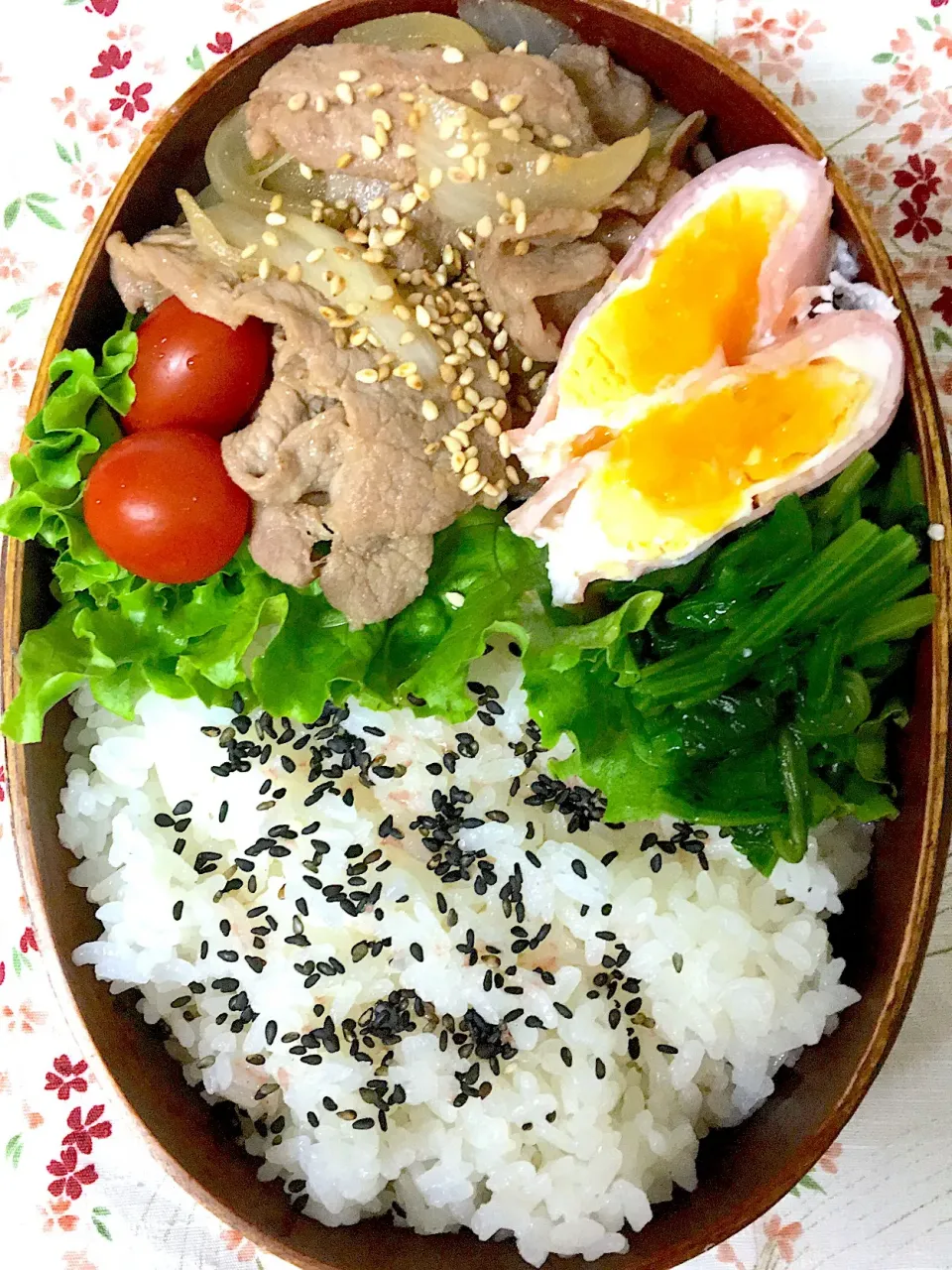 夫お弁当☆
#ハムエッグ
#焼肉
#ほうれん草のおひたし|かねしろ食堂さん