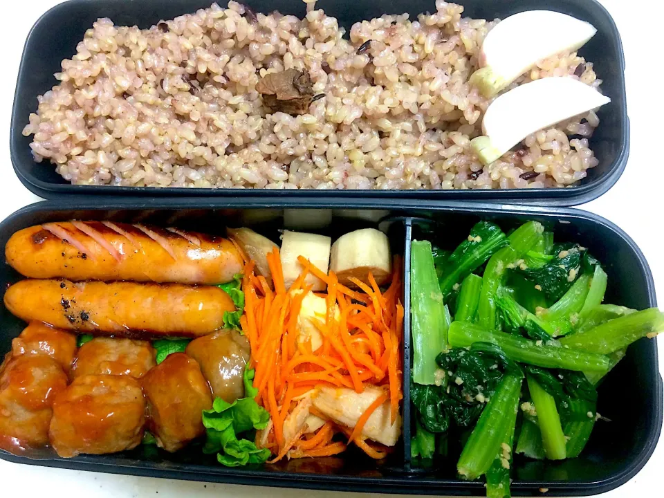 Snapdishの料理写真:#今日のお弁当 ソーセージ、ミートボール、長芋のバター醤油焼、人参のツナサラダ、小松菜のごまおかか和え|Victoryageさん