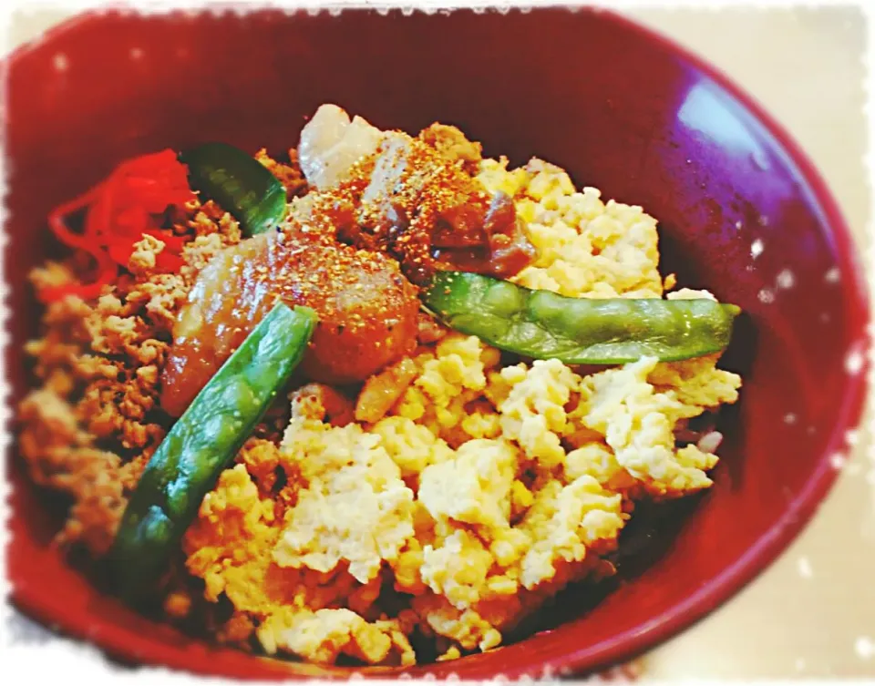 Snapdishの料理写真:ほんじつのまかない・日替りA定食の鶏そぼろ丼|のも💛さん