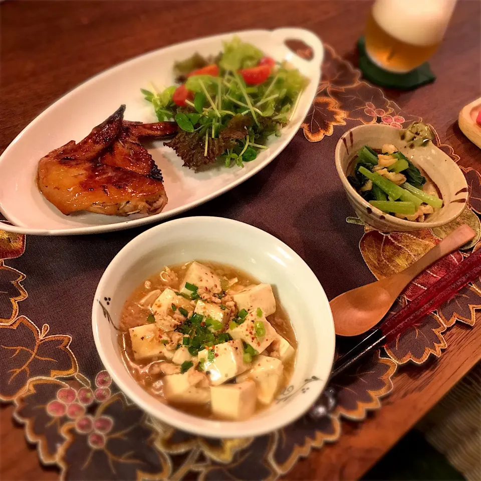 手羽先のロースト／醤油オイスター
鶏ひき肉と豆腐のしょうがあんかけ
小松菜と油揚げのおひたし|𓇼 Ⓢ Ⓗ Ⓘ Ⓝ Ⓞ Ⓑ Ⓤ 𓇼さん