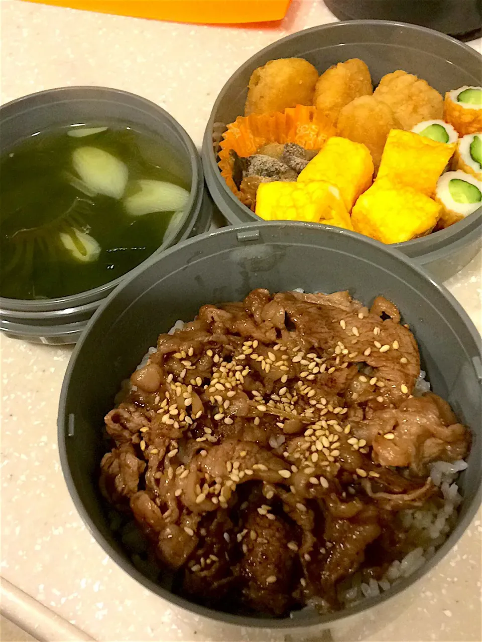 旦那弁当🍱
焼肉丼
竜田揚げ
卵焼き
竹輪きゅうり
麻婆茄子(冷食)
わかめスープ|すがかえさん