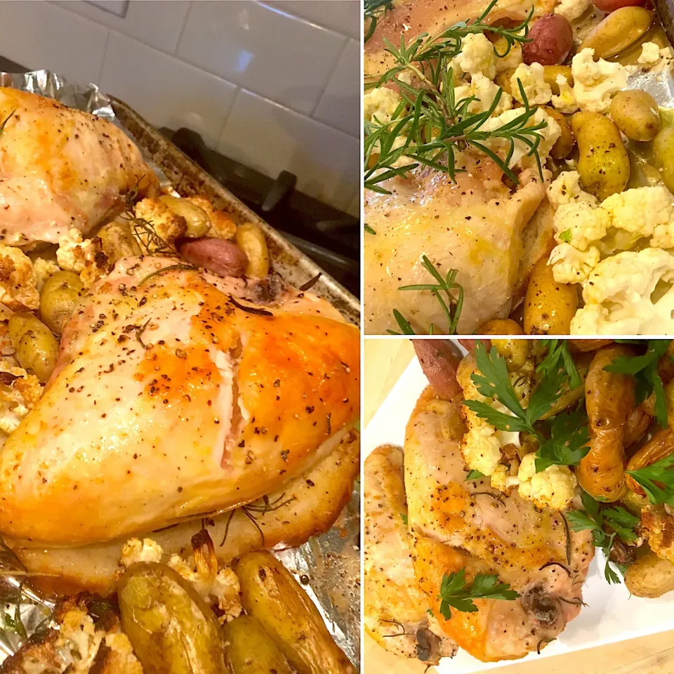 Snapdishの料理写真:There are a lot of cooking trends... I'll say the sheet pan dinner totally delivers. Chicken, cauliflower, fingerling potatoes and sourdough bread. Perfection.|emilyDeSantoさん