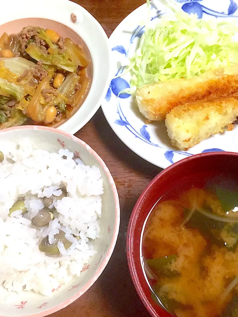 黒豆枝豆ご飯    白菜の煮浸し     海老フライ🍤    味噌汁|掛谷節子さん